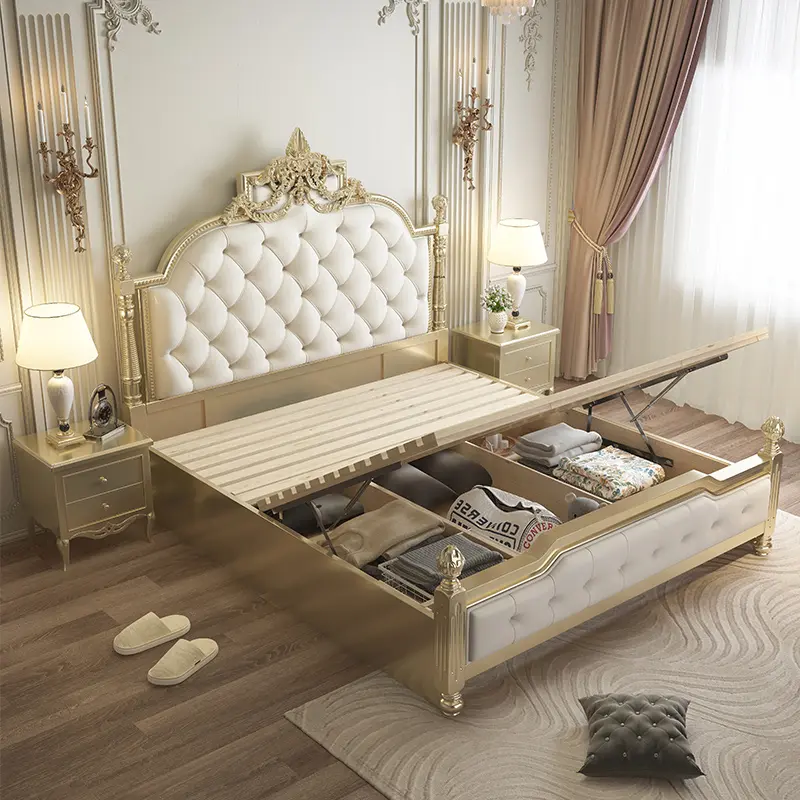 French Modern Elegant Bed Pretty Luxury Princess Solid Wood Bed Adults Villa Camas De Dormitorio Bedroom Set Furniture Queen