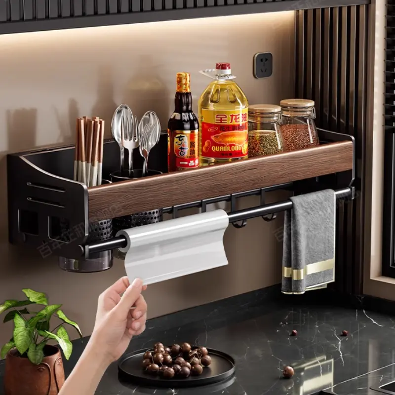 Modern Wooden Kitchen Hanger Shelf Hooks No-Drill Installation Kitchen Rack Wall-Mounted Storage For Utensils & Cookware