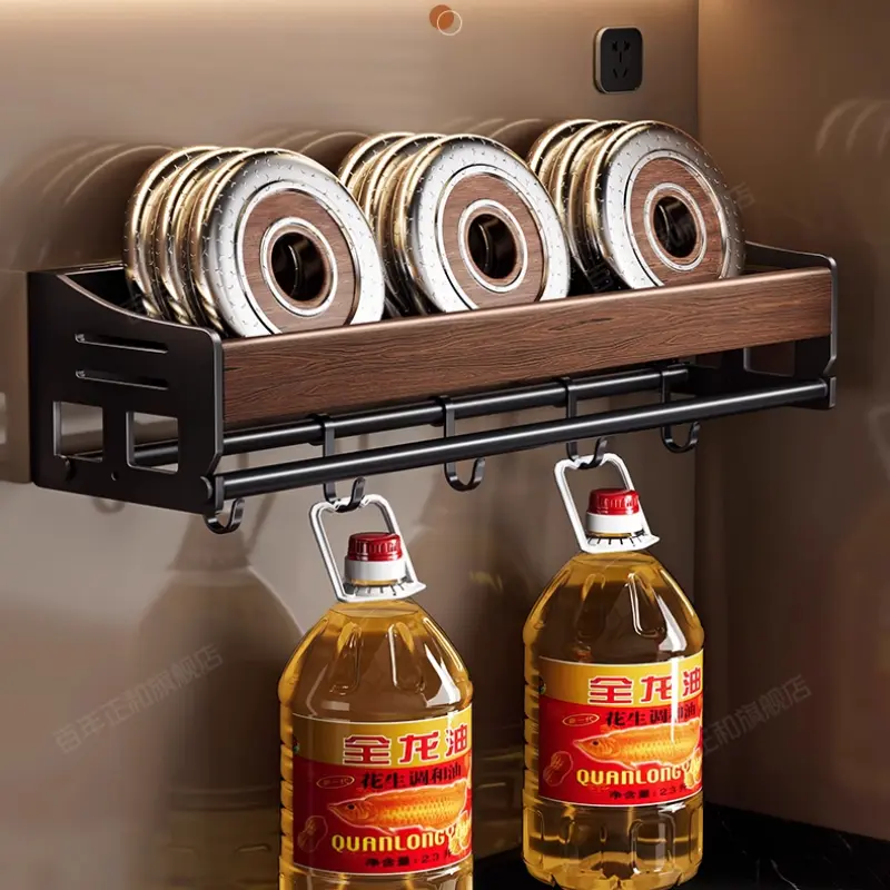 Modern Wooden Kitchen Hanger Shelf Hooks No-Drill Installation Kitchen Rack Wall-Mounted Storage For Utensils & Cookware
