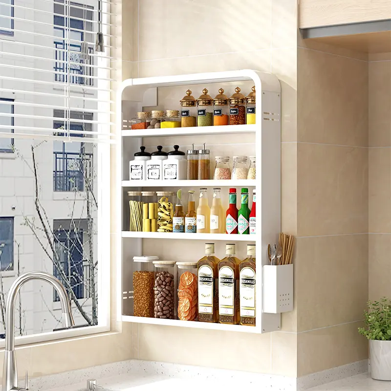 No-Drill Hanging Kitchen Rack Adjustable Shelves Space Saving Kitchen Organizer Wall-Mounted For Spices, Cans & Groceries