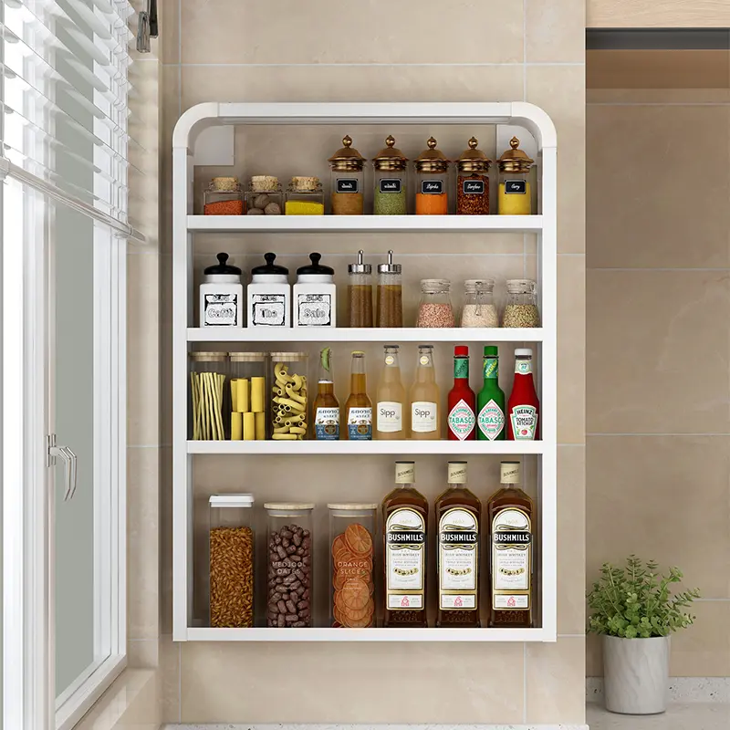 No-Drill Hanging Kitchen Rack Adjustable Shelves Space Saving Kitchen Organizer Wall-Mounted For Spices, Cans & Groceries
