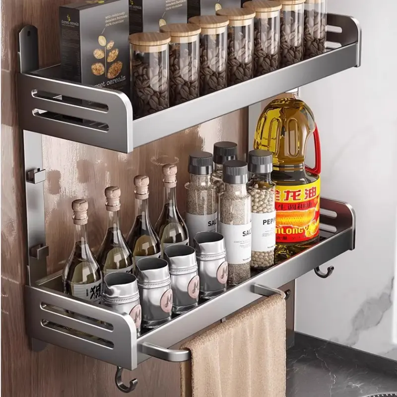 No Drill Installation Kitchen Rack Multi-Functional Wall-Mounted Kitchen Rack Waterproof Hanging Shelf With Durable Hooks