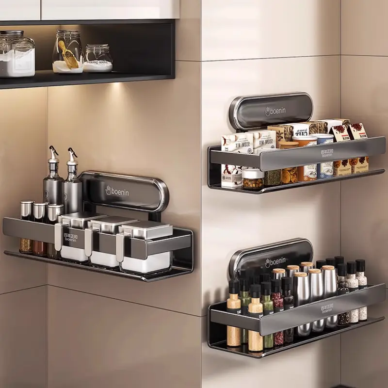 Modern Wall-Mounted Kitchen Rack Multi-Functional Storage No-Drill Hanging Shelves For Spices, Cans & Groceries Organizer