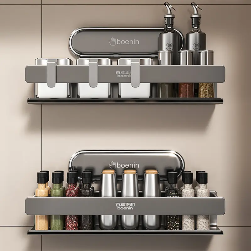 Modern Wall-Mounted Kitchen Rack Multi-Functional Storage No-Drill Hanging Shelves For Spices, Cans & Groceries Organizer