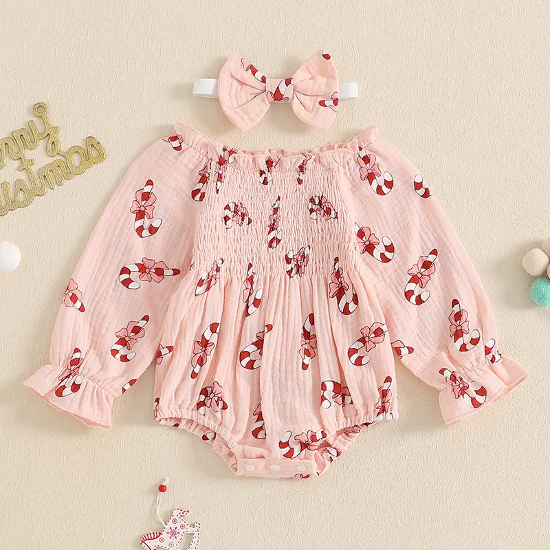 ma&baby 0-18M Christmas Baby Girls Romper Toddler Newborn Infant Candy Print Long Sleeve Jumpsuit Headband Xmas Outfit Costume