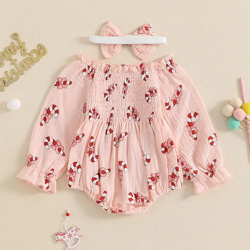 ma&baby 0-18M Christmas Baby Girls Romper Toddler Newborn Infant Candy Print Long Sleeve Jumpsuit Headband Xmas Outfit Costume
