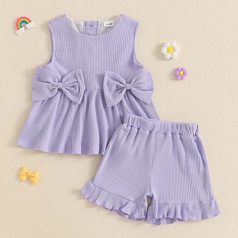 ma&baby 6m-4y Toddler Kid Baby Girl Clothes Sets Sleeveless Crew Neck Bows Tank Top and Shorts Summer 2-piece Outfit