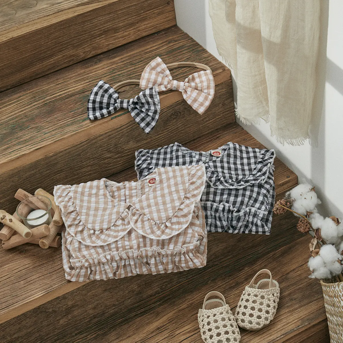 ma&baby 0-18M Baby Girl Romper Newborn Toddler Infant Long Sleeve Plaid Print Peter Pan Collar Jumpsuit Headband Outfits