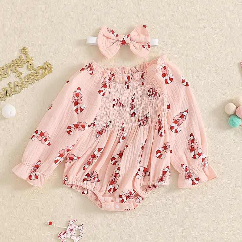 ma&baby 0-18M Christmas Baby Girls Romper Toddler Newborn Infant Candy Print Long Sleeve Jumpsuit Headband Xmas Outfit Costume