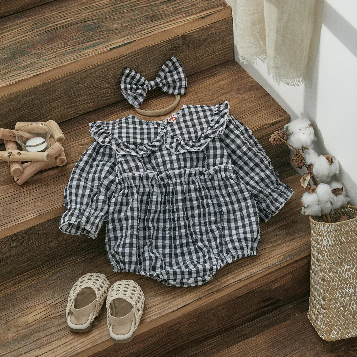 ma&baby 0-18M Baby Girl Romper Newborn Toddler Infant Long Sleeve Plaid Print Peter Pan Collar Jumpsuit Headband Outfits