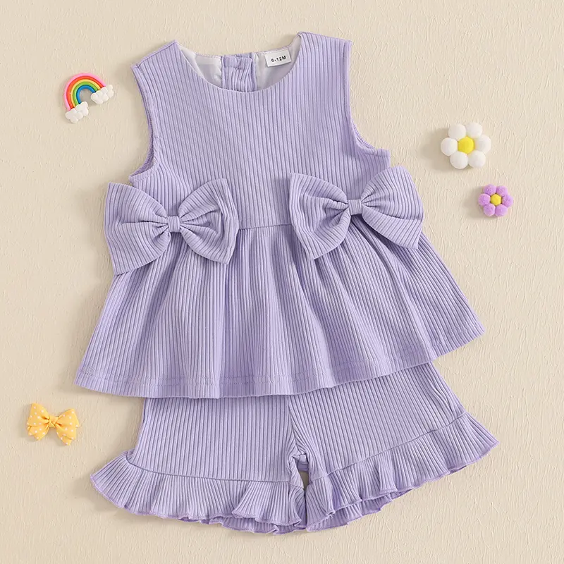 ma&baby 6m-4y Toddler Kid Baby Girl Clothes Sets Sleeveless Crew Neck Bows Tank Top and Shorts Summer 2-piece Outfit