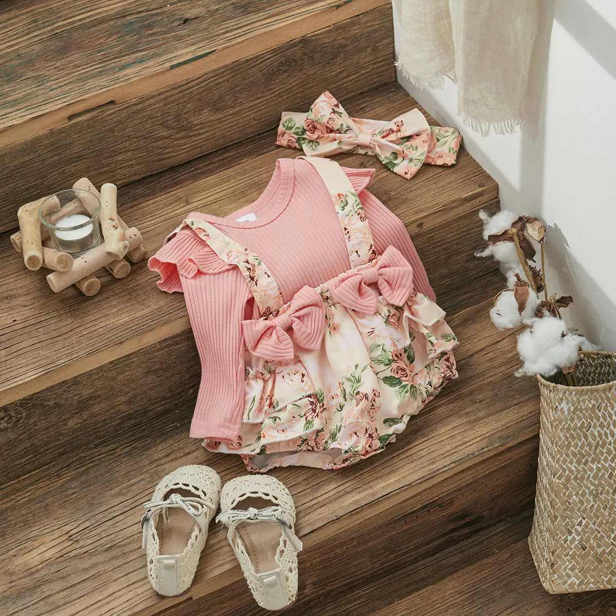 ma&baby 0-18M Baby Girl Romper Newborn Toddler Infant Girl Long Sleeve Knit Jumpsuit Floarl Print Bow Fall Spring Outfit