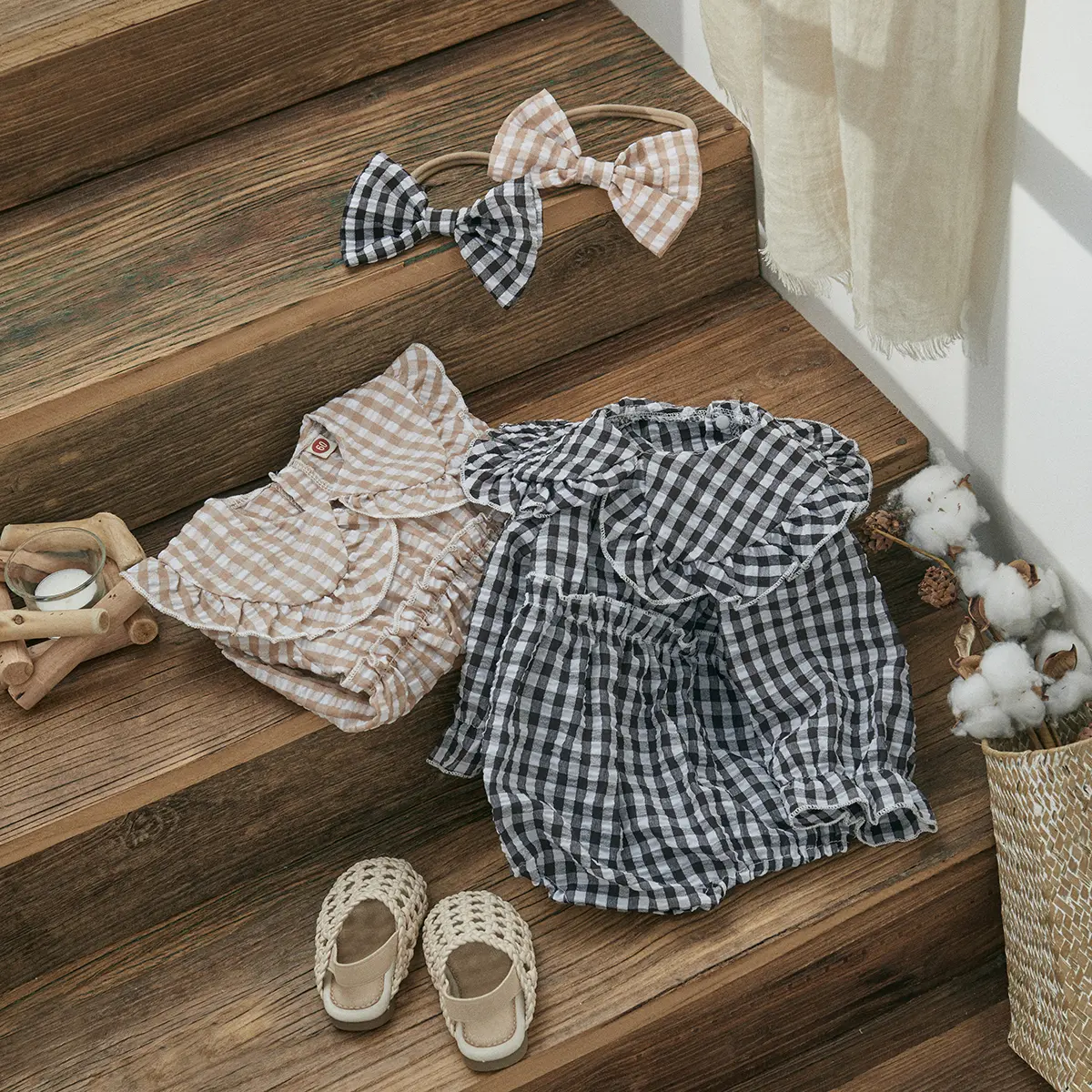 ma&baby 0-18M Baby Girl Romper Newborn Toddler Infant Long Sleeve Plaid Print Peter Pan Collar Jumpsuit Headband Outfits