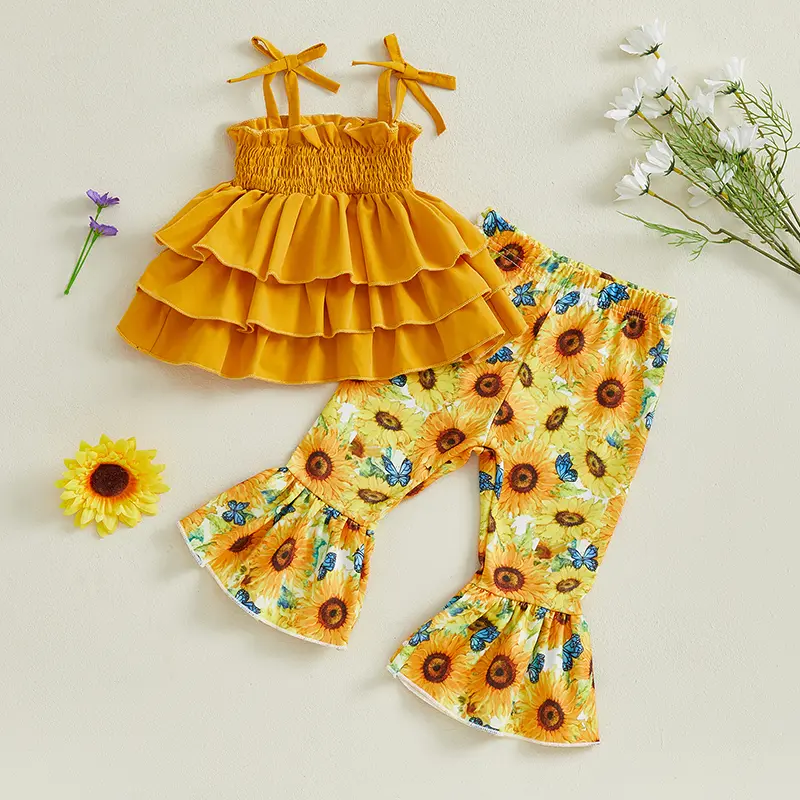 Toddler Girl Summer Outfits Solid Color Sleeveless Ruffled Camisole with Sunflower Pattern Flare Pants 2 Pcs Set