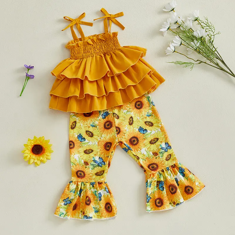 Toddler Girl Summer Outfits Solid Color Sleeveless Ruffled Camisole with Sunflower Pattern Flare Pants 2 Pcs Set