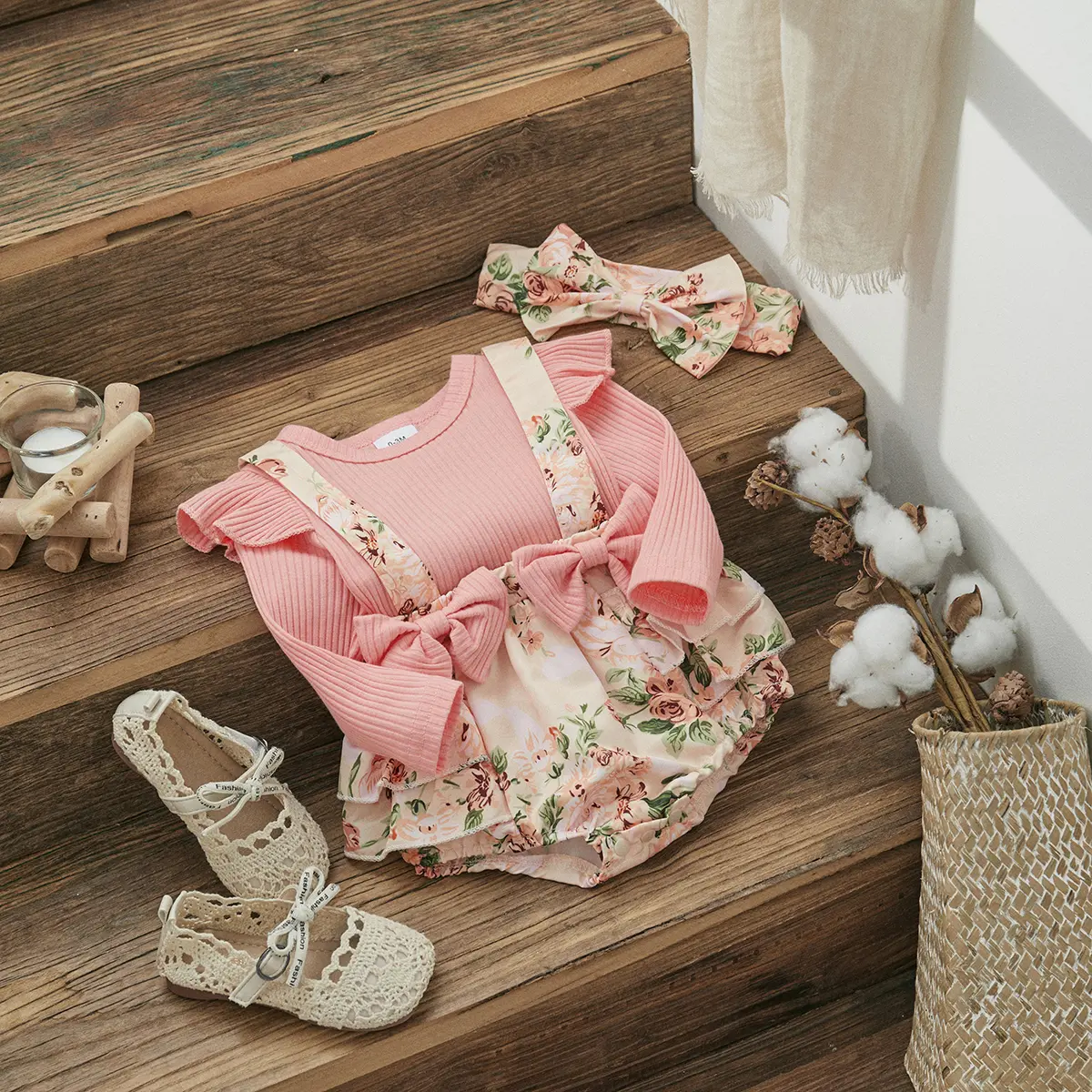 ma&baby 0-18M Baby Girl Romper Newborn Toddler Infant Girl Long Sleeve Knit Jumpsuit Floarl Print Bow Fall Spring Outfit