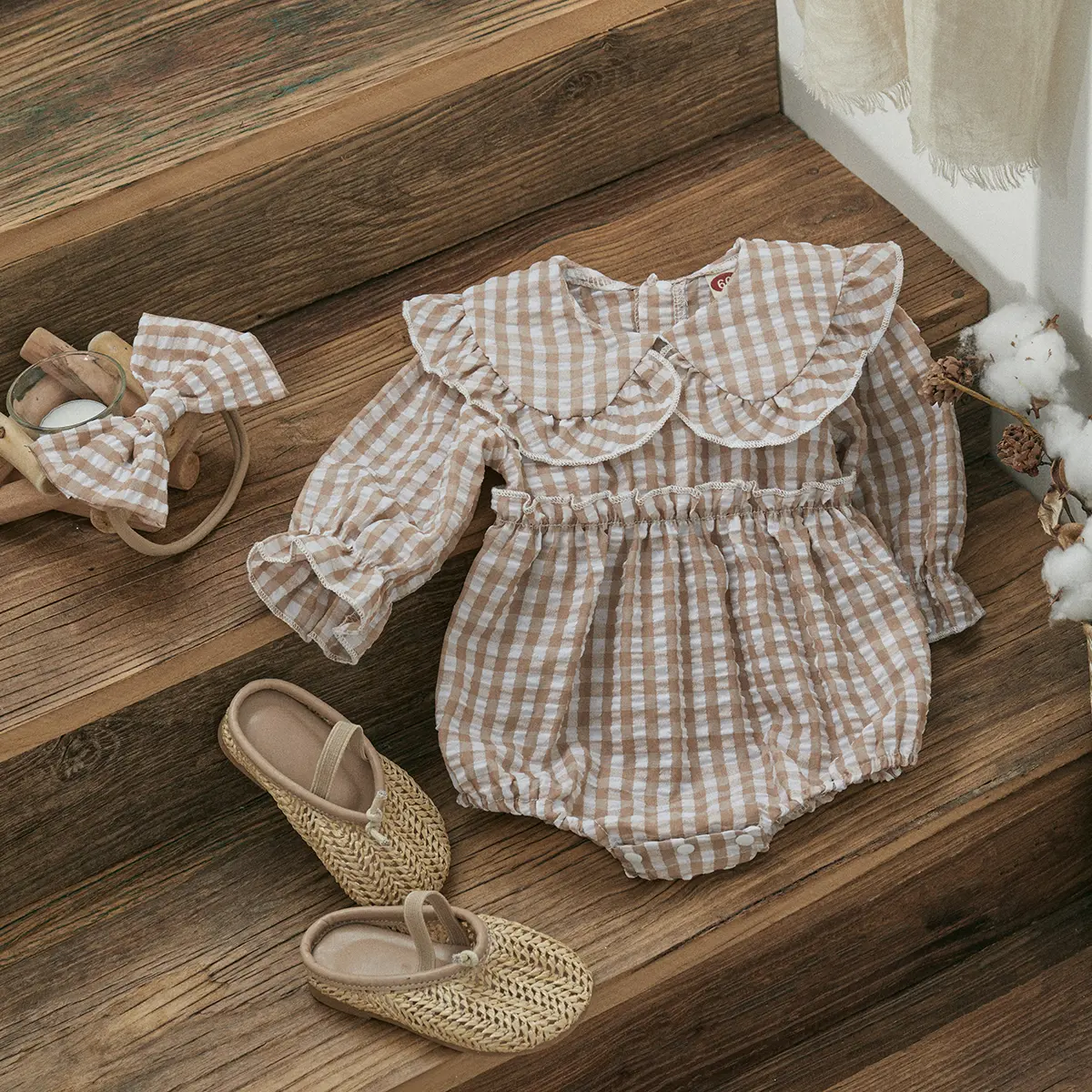 ma&baby 0-18M Baby Girl Romper Newborn Toddler Infant Long Sleeve Plaid Print Peter Pan Collar Jumpsuit Headband Outfits