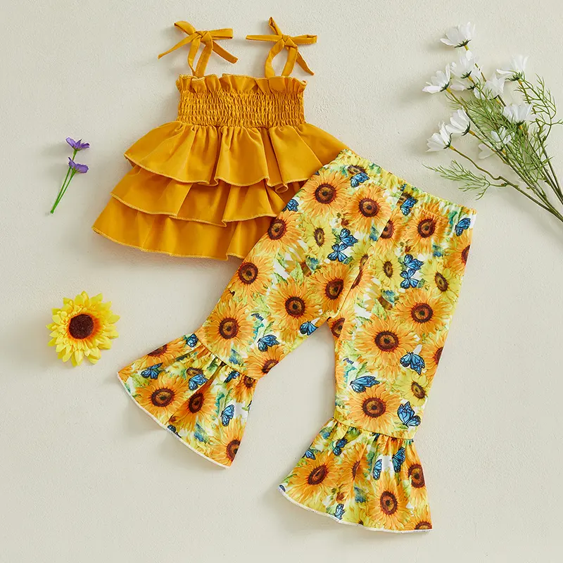 Toddler Girl Summer Outfits Solid Color Sleeveless Ruffled Camisole with Sunflower Pattern Flare Pants 2 Pcs Set