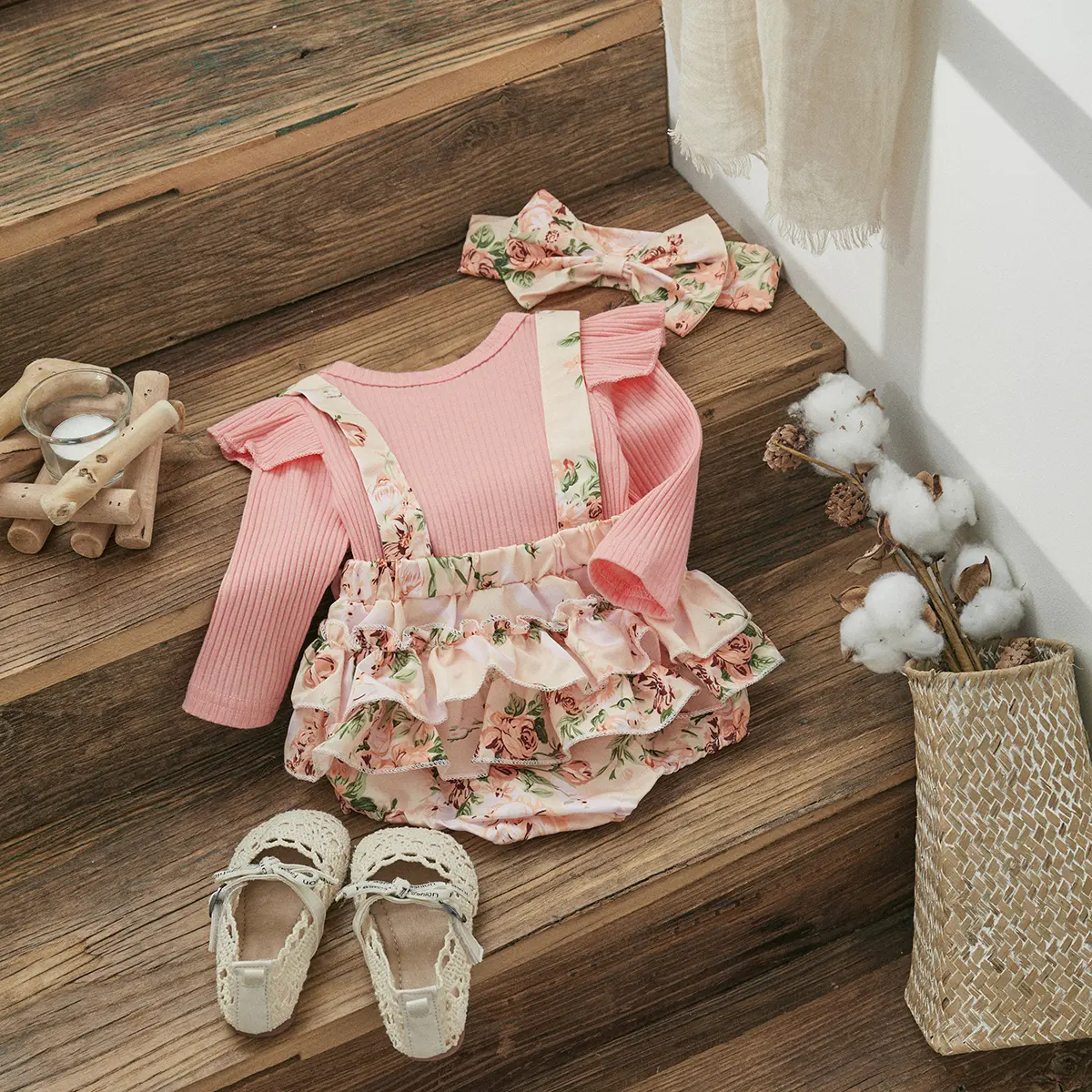 ma&baby 0-18M Baby Girl Romper Newborn Toddler Infant Girl Long Sleeve Knit Jumpsuit Floarl Print Bow Fall Spring Outfit