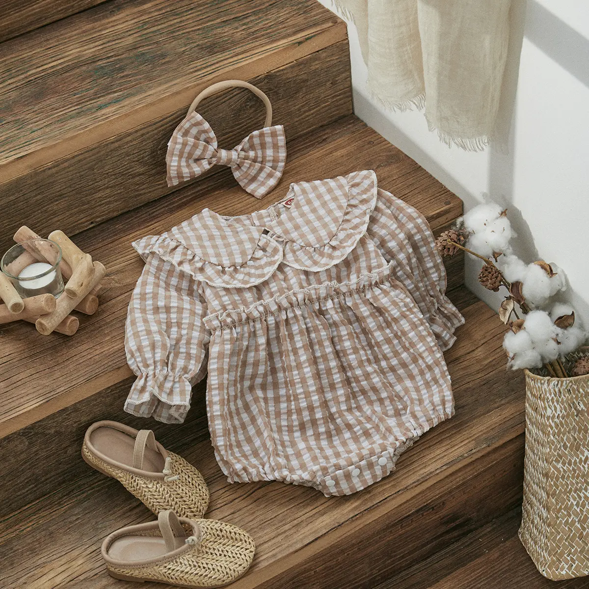 ma&baby 0-18M Baby Girl Romper Newborn Toddler Infant Long Sleeve Plaid Print Peter Pan Collar Jumpsuit Headband Outfits