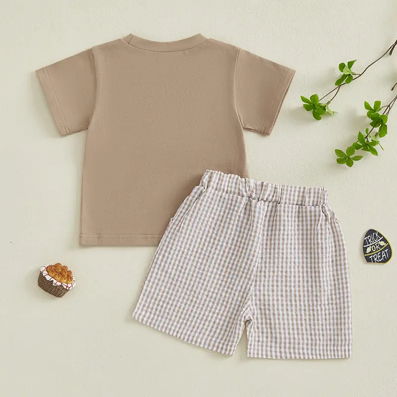 Toddler Boys Summer Shorts Sets Short Sleeve Cow/Tractor Embroidery Tops and Plaid Shorts