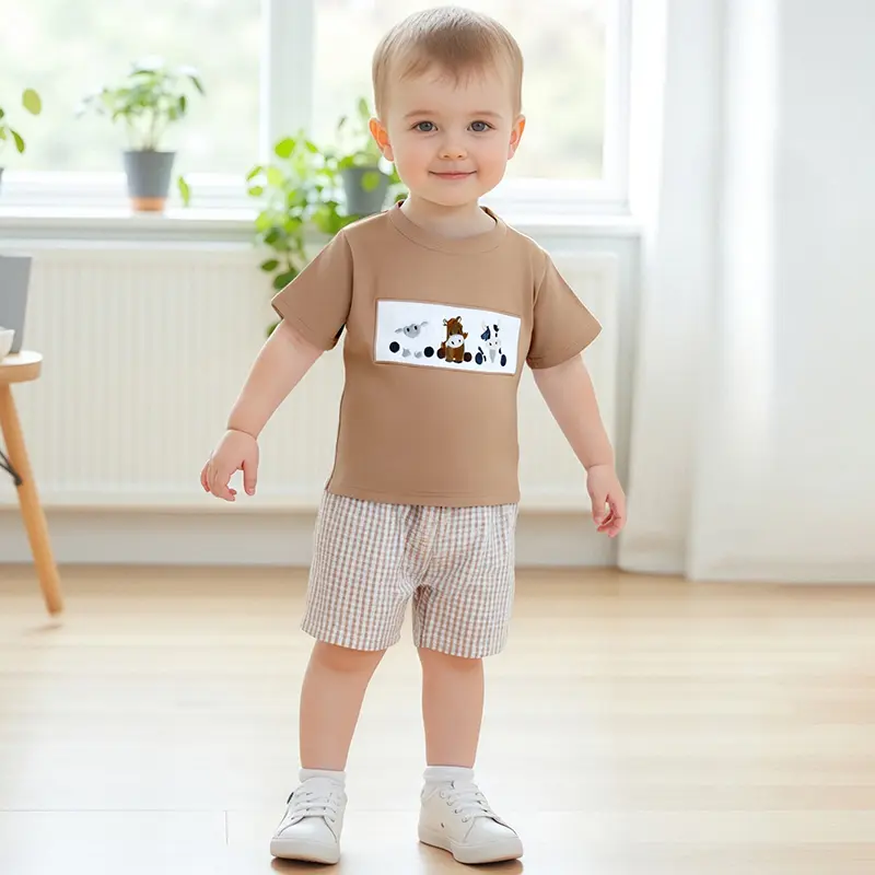 Toddler Boys Summer Shorts Sets Short Sleeve Cow/Tractor Embroidery Tops and Plaid Shorts