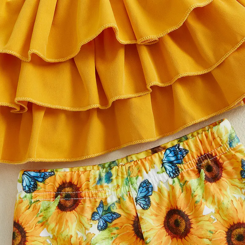Toddler Girl Summer Outfits Solid Color Sleeveless Ruffled Camisole with Sunflower Pattern Flare Pants 2 Pcs Set