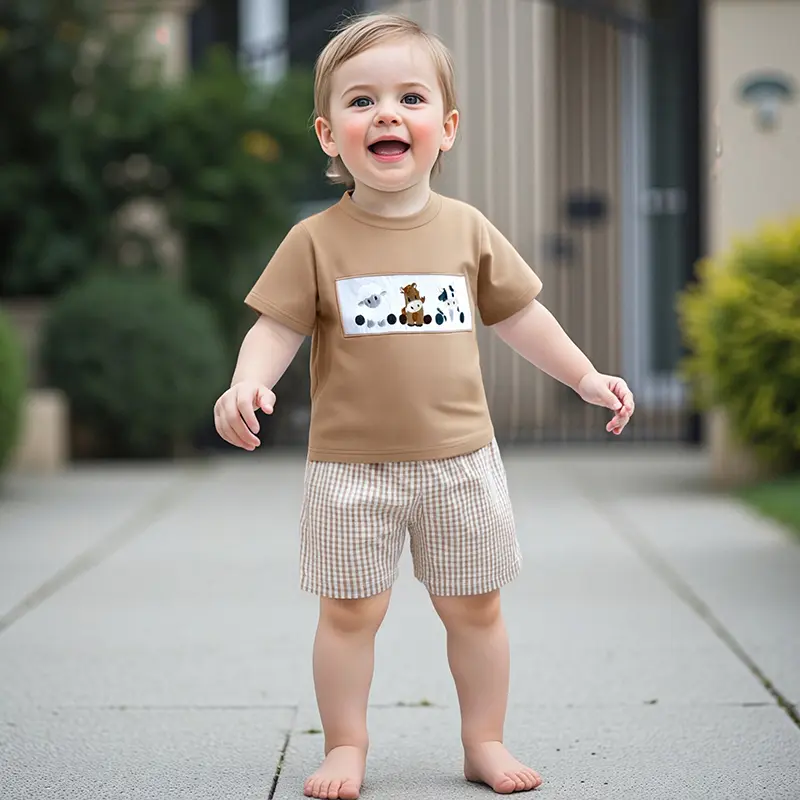 Toddler Boys Summer Shorts Sets Short Sleeve Cow/Tractor Embroidery Tops and Plaid Shorts