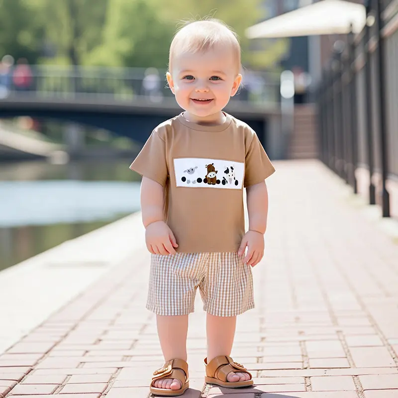 Toddler Boys Summer Shorts Sets Short Sleeve Cow/Tractor Embroidery Tops and Plaid Shorts