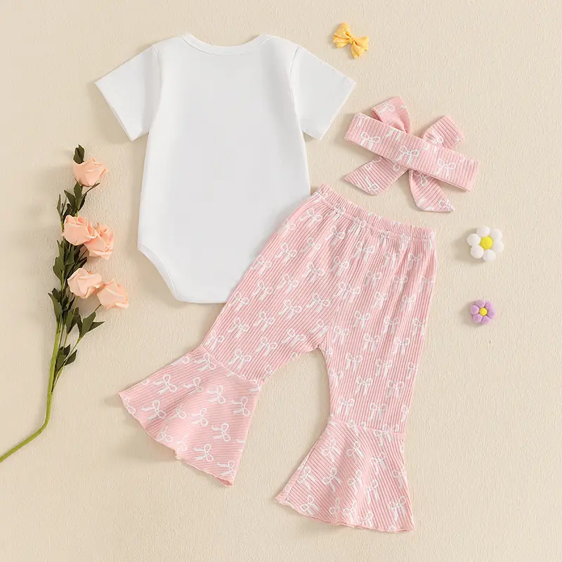 ma&baby 3-12M Newborn Infant Baby Girl 1st Birthday Clothes Sets Embroidery Short Sleeve Romper Flare Pants Hair Band Bow Outfit