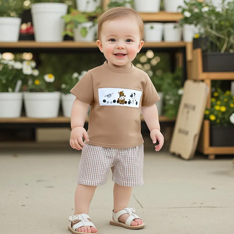 Toddler Boys Summer Shorts Sets Short Sleeve Cow/Tractor Embroidery Tops and Plaid Shorts