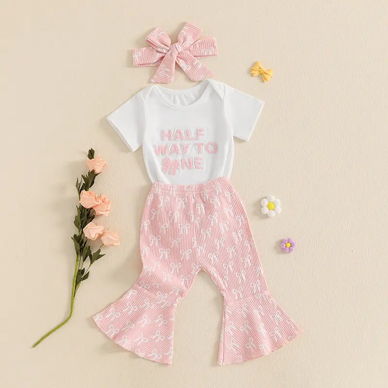 ma&baby 3-12M Newborn Infant Baby Girl 1st Birthday Clothes Sets Embroidery Short Sleeve Romper Flare Pants Hair Band Bow Outfit