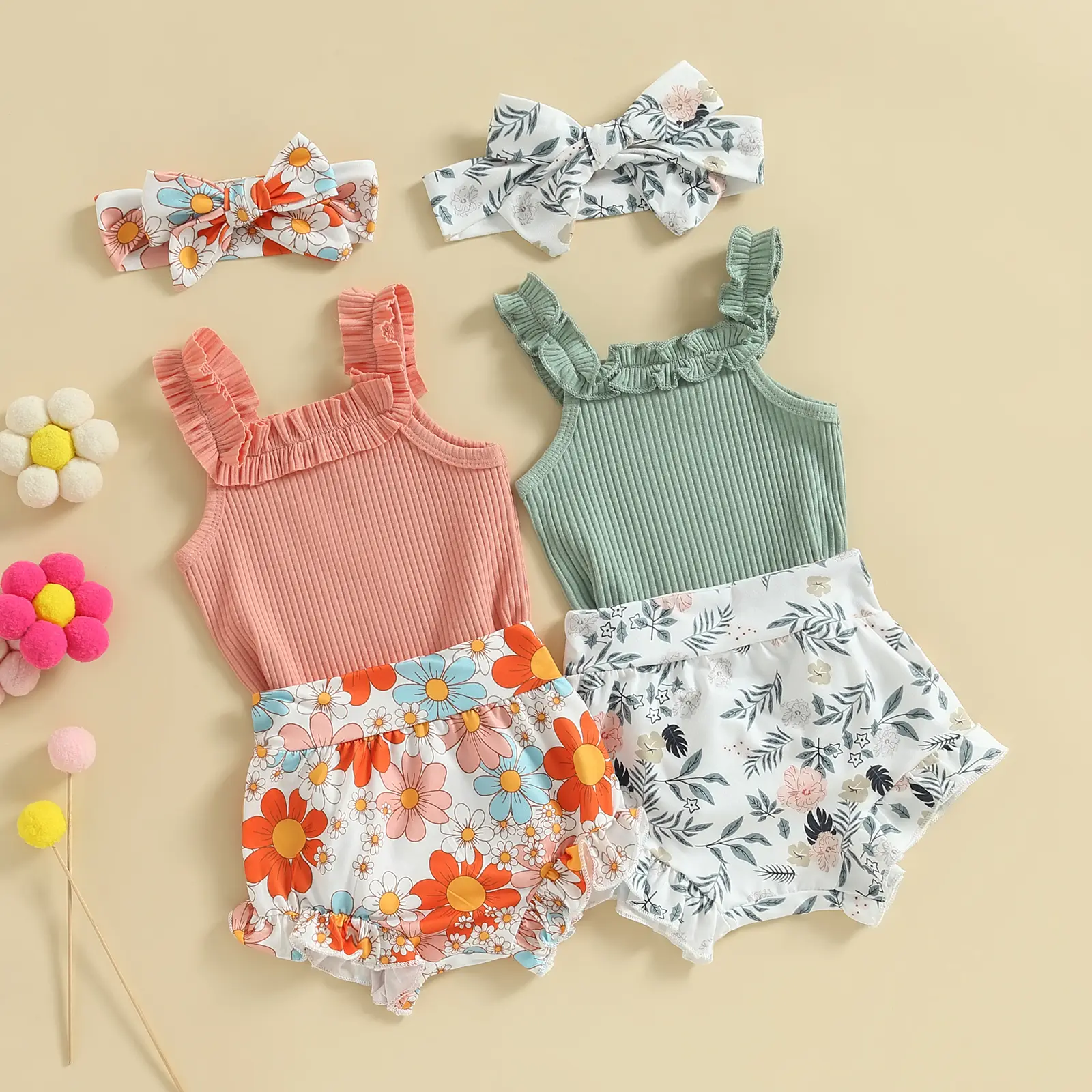 ma&baby 0-18M Baby Girl Clothes Sets Newborn Infant Toddler Knit Jumpsuit Floral Print Shorts Headband Outfits Summer Clothing