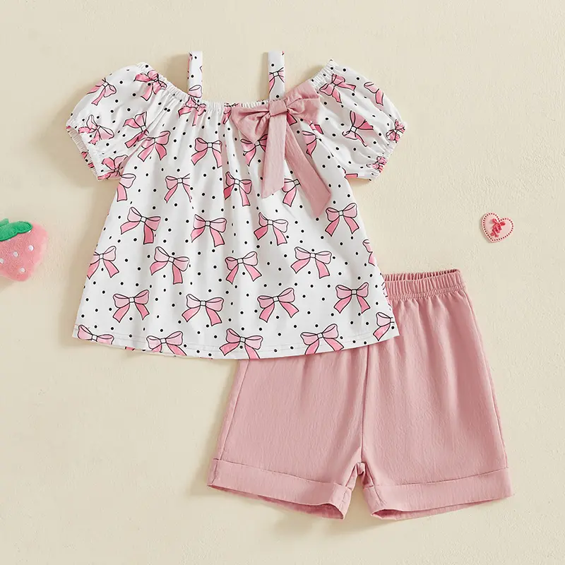 ma&baby 1-5Y Baby Girl Clothes Sets  Toddler Kid Summer  Outfits Short Sleeve Bow/Strawberry Print Tops Shorts Sets