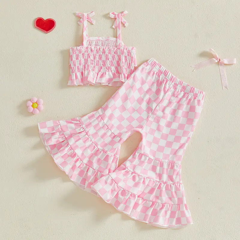 Toddler Baby Girl Checkered Outfit Smocked Ruffle Cami Tops Elastic Waist Flare Pants 2 Pcs Set