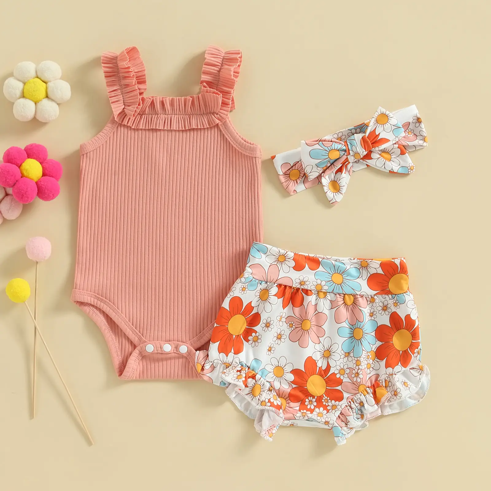 ma&baby 0-18M Baby Girl Clothes Sets Newborn Infant Toddler Knit Jumpsuit Floral Print Shorts Headband Outfits Summer Clothing
