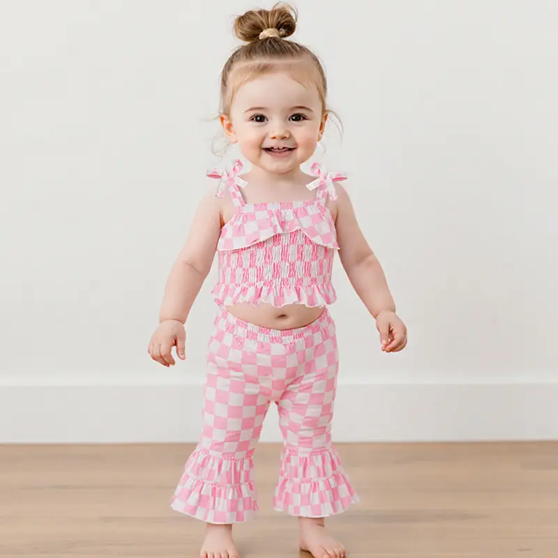 Toddler Baby Girl Checkered Outfit Smocked Ruffle Cami Tops Elastic Waist Flare Pants 2 Pcs Set