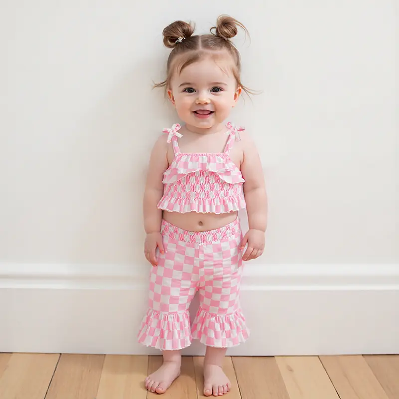 Toddler Baby Girl Checkered Outfit Smocked Ruffle Cami Tops Elastic Waist Flare Pants 2 Pcs Set