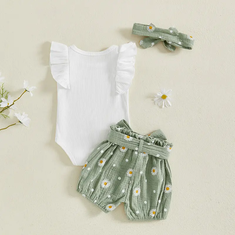 Baby Girl Summer Outfit Ruffled Flying Sleeve Romper Daisy Print Shorts Bow Headband and Belt 4 Pcs Set