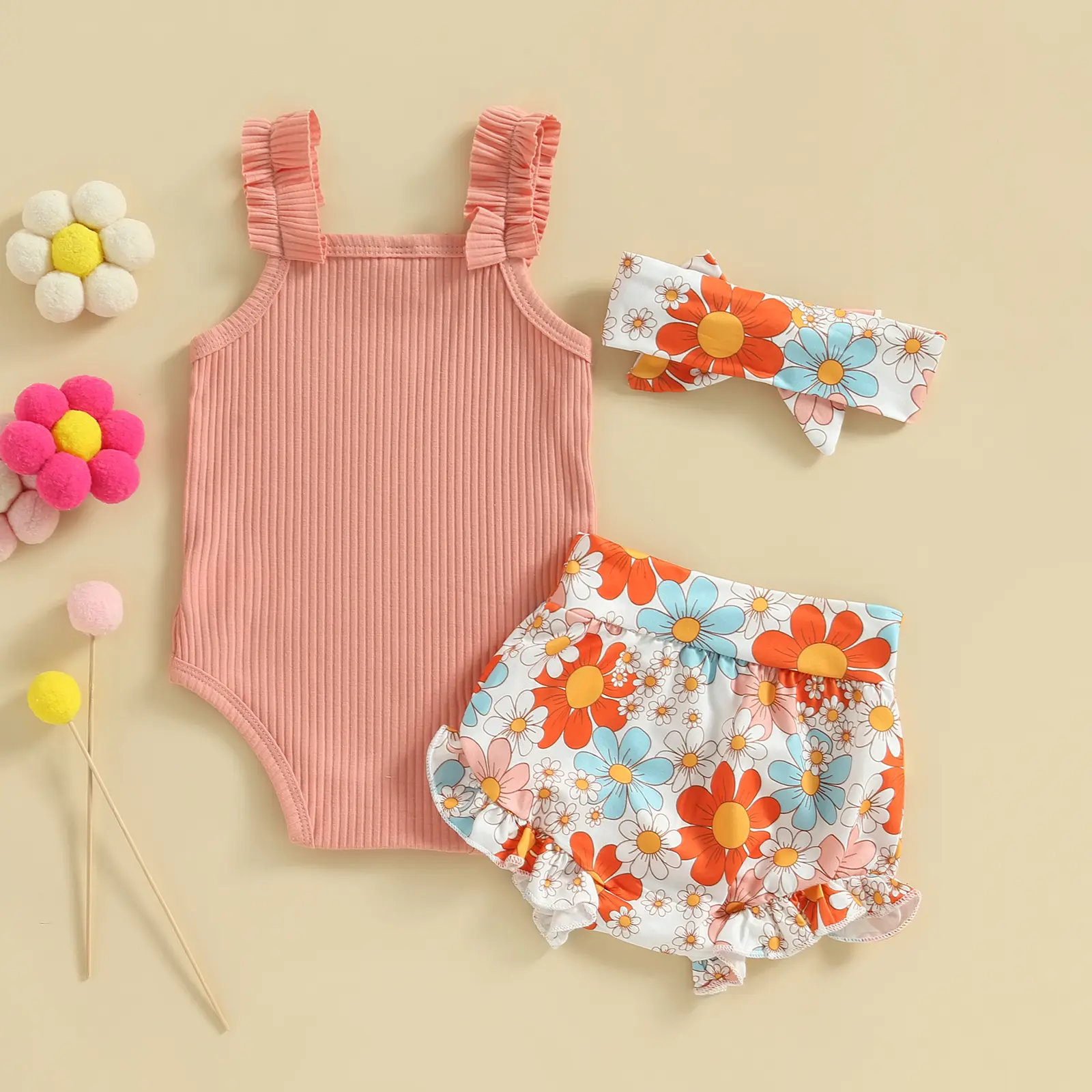 ma&baby 0-18M Baby Girl Clothes Sets Newborn Infant Toddler Knit Jumpsuit Floral Print Shorts Headband Outfits Summer Clothing