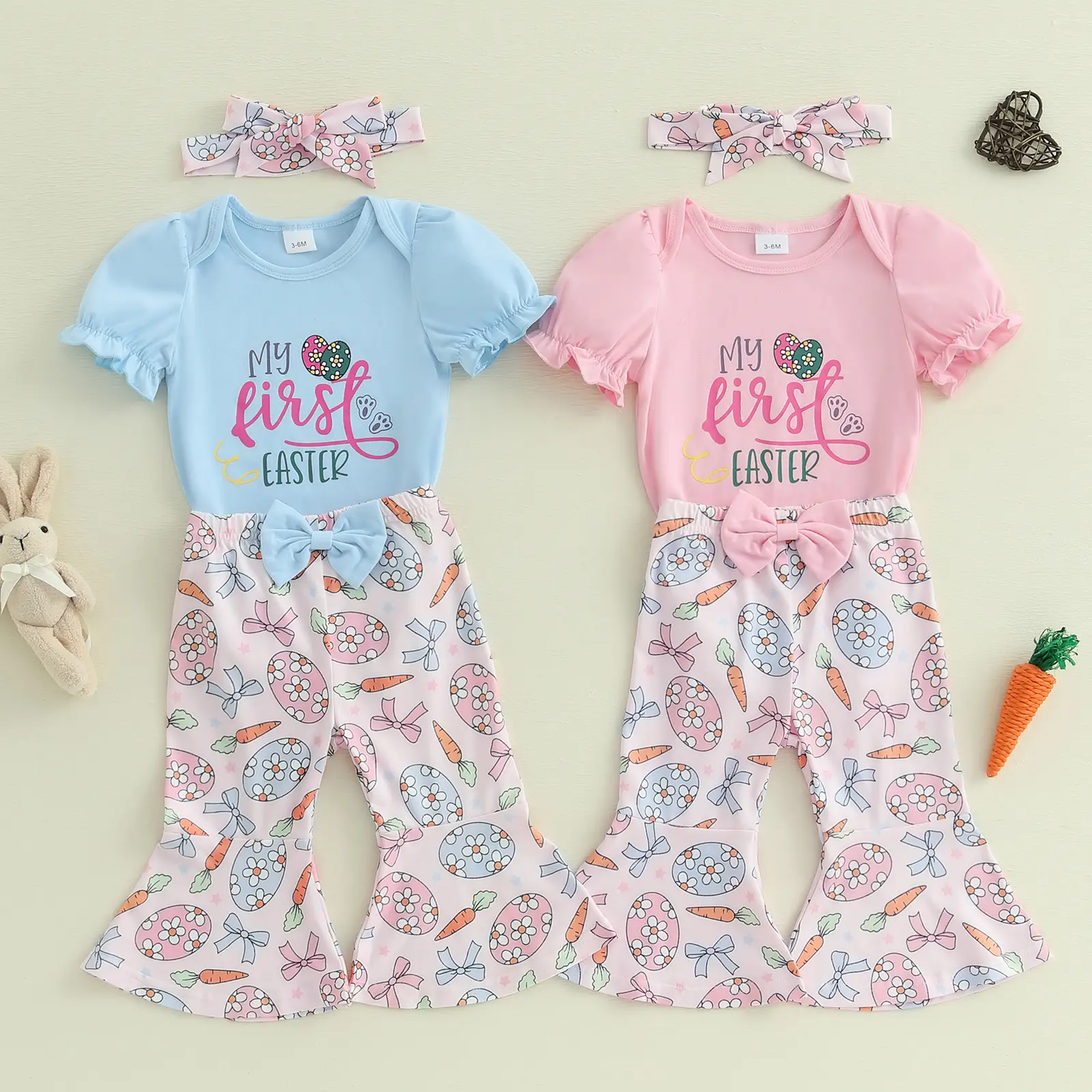 ma&baby 0-18M Easter Baby Girls Clothes Sets Newborn Infant Letter Print Romper Egg Carrot Print Pants Headband Outfits