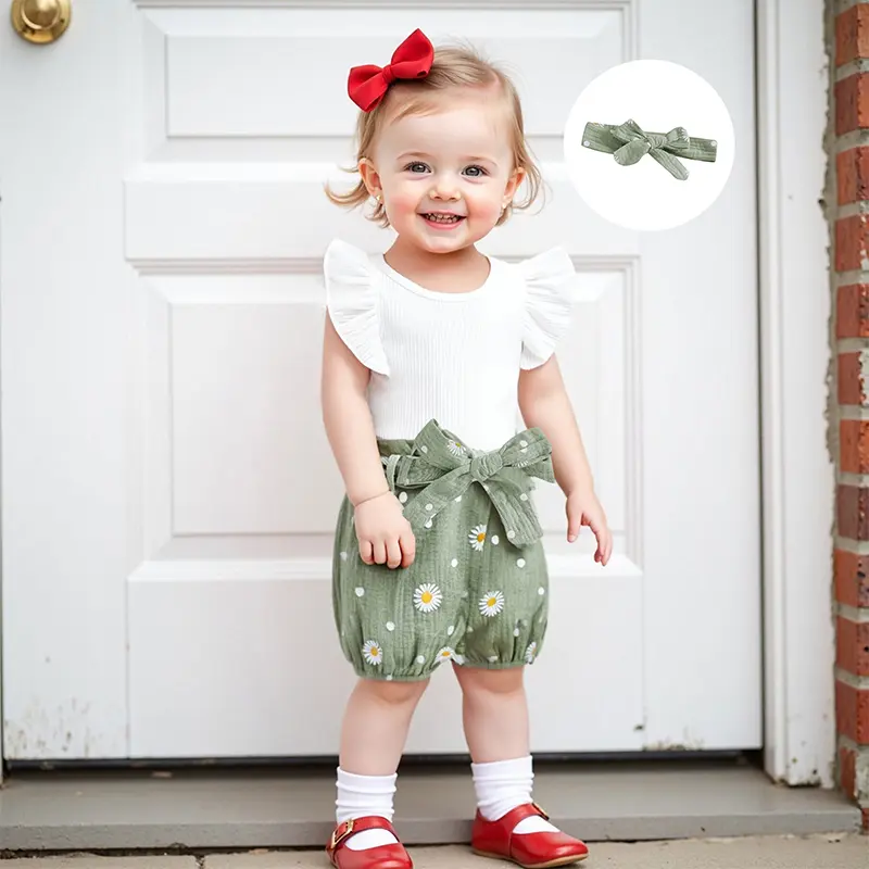 Baby Girl Summer Outfit Ruffled Flying Sleeve Romper Daisy Print Shorts Bow Headband and Belt 4 Pcs Set