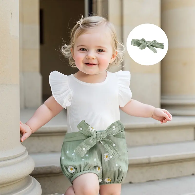 Baby Girl Summer Outfit Ruffled Flying Sleeve Romper Daisy Print Shorts Bow Headband and Belt 4 Pcs Set