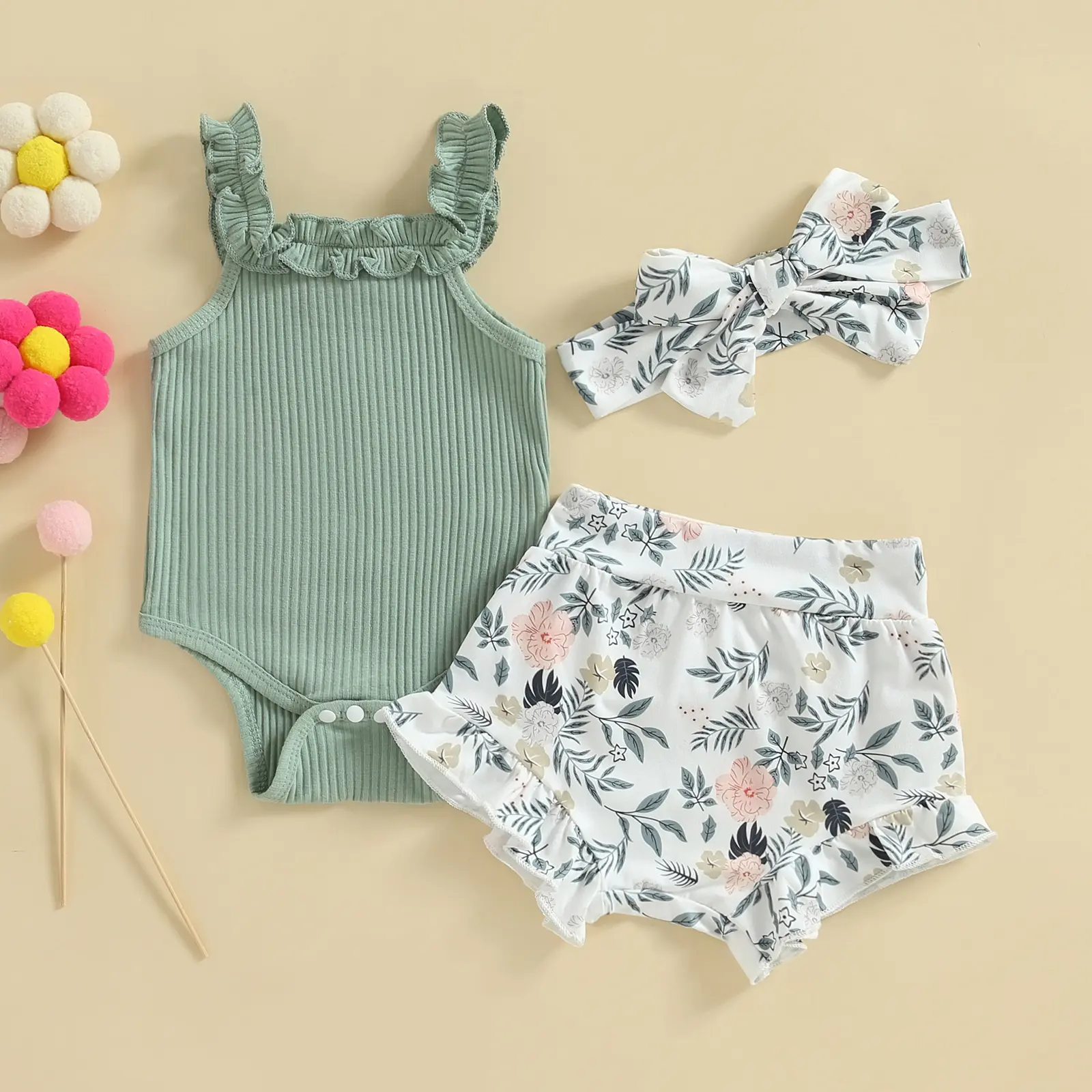 ma&baby 0-18M Baby Girl Clothes Sets Newborn Infant Toddler Knit Jumpsuit Floral Print Shorts Headband Outfits Summer Clothing