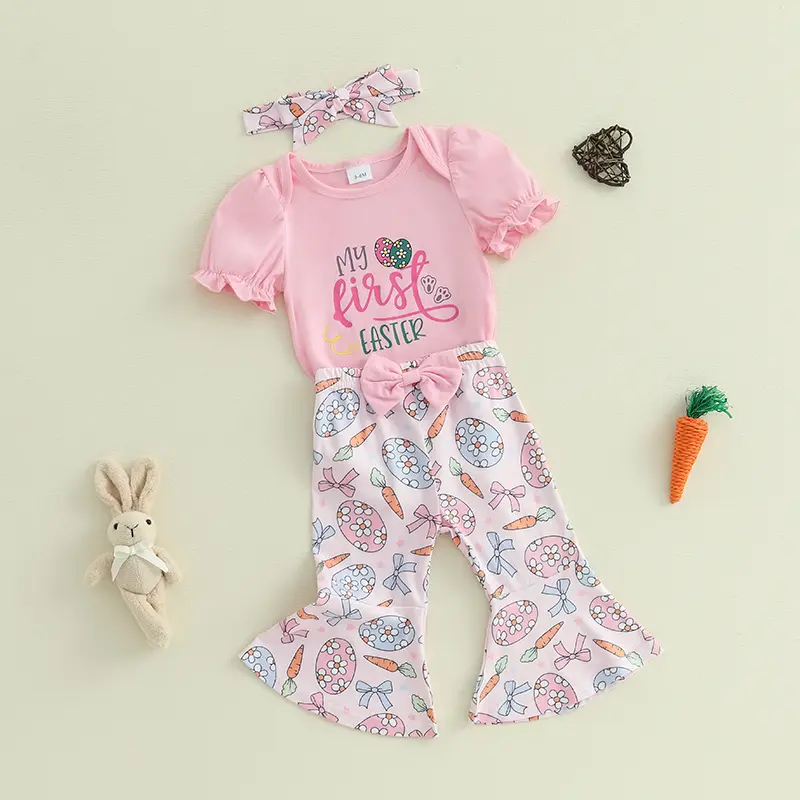 ma&baby 0-18M Easter Baby Girls Clothes Sets Newborn Infant Letter Print Romper Egg Carrot Print Pants Headband Outfits