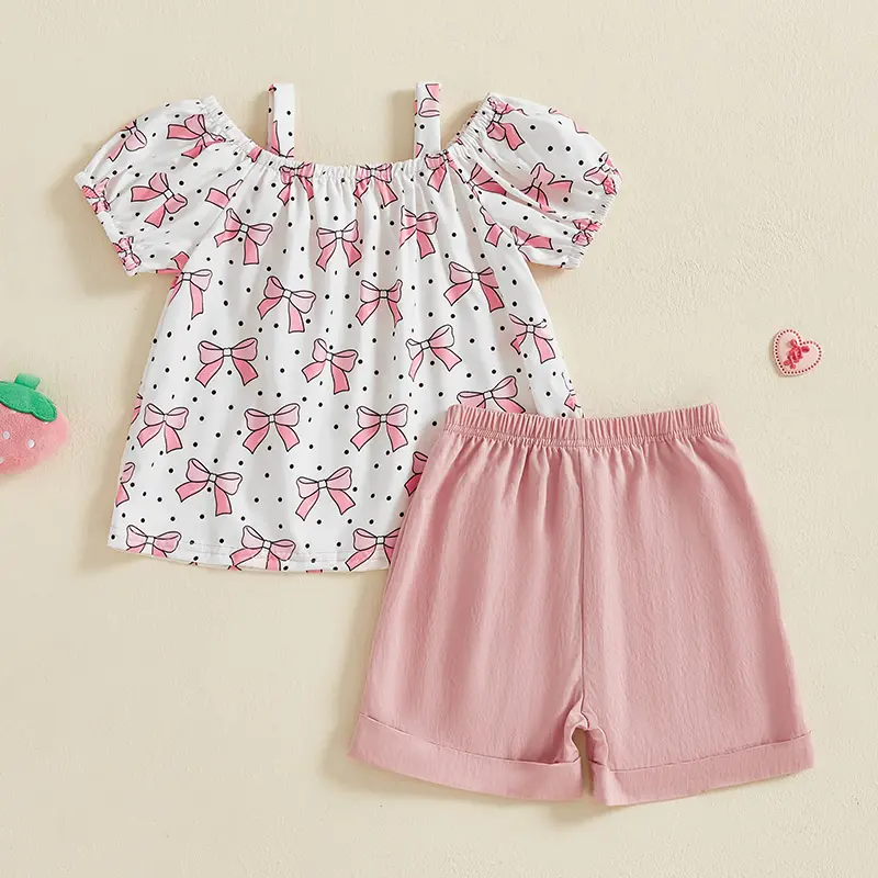 ma&baby 1-5Y Baby Girl Clothes Sets  Toddler Kid Summer  Outfits Short Sleeve Bow/Strawberry Print Tops Shorts Sets
