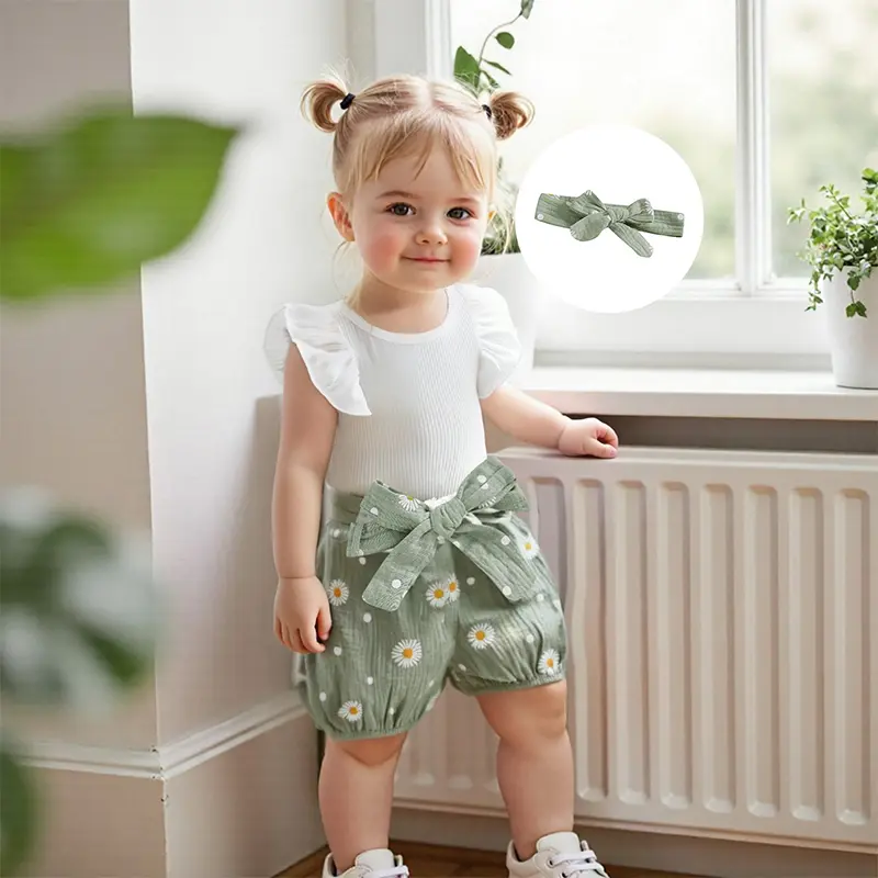 Baby Girl Summer Outfit Ruffled Flying Sleeve Romper Daisy Print Shorts Bow Headband and Belt 4 Pcs Set