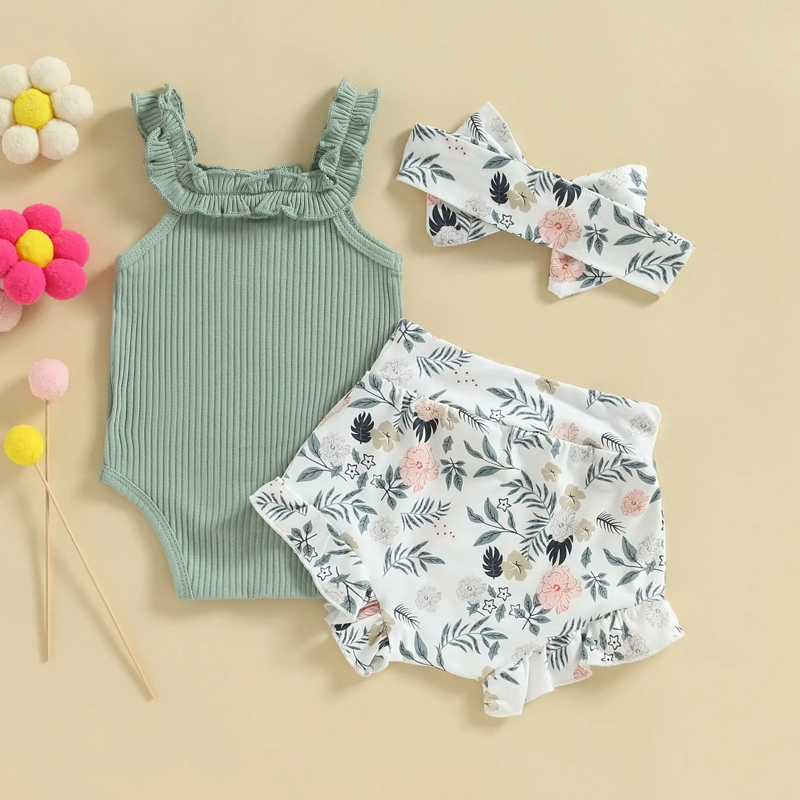 ma&baby 0-18M Baby Girl Clothes Sets Newborn Infant Toddler Knit Jumpsuit Floral Print Shorts Headband Outfits Summer Clothing