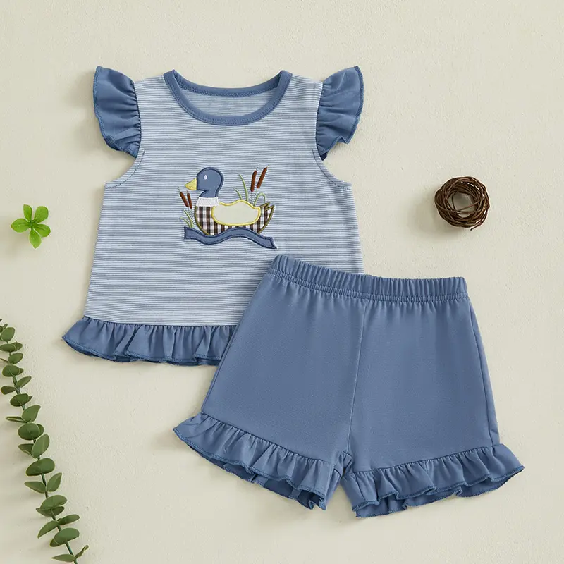 Toddler Baby Girl Shorts Set Duck Embroidered Striped Flying Sleeve Tops Solid Ruffle Shorts 2 Piece Summer Outfit