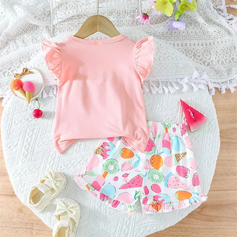 Toddler Girls 2 Piece Outfits Short Sleeve O Neck Tops and Ice Cream Fruit Print Shorts Sets